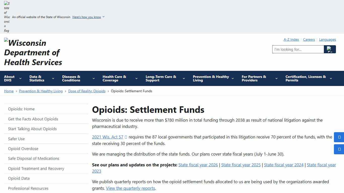 Opioids: Settlement Funds Wisconsin Department of Health Services