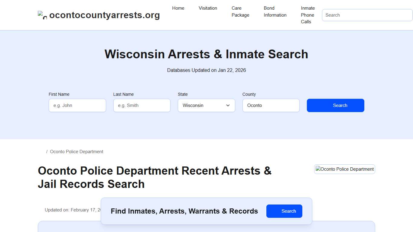Oconto Police Department, WI Arrests, Records, Jail Roster Lookup